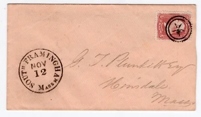 US 1860s Scott 65 South Framingham MA Fancy Cancel Picture Perfect Cover - Image 1 of 2