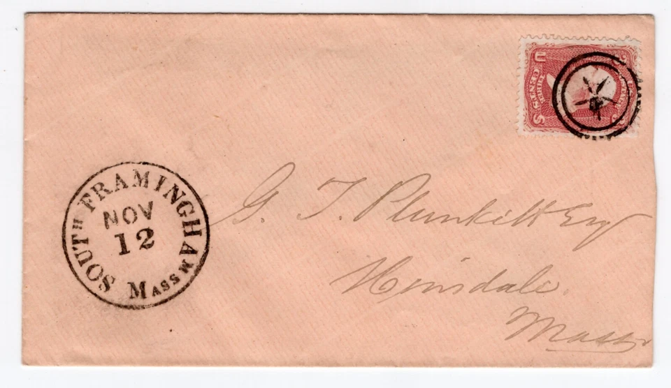 US 1860s Scott 65 South Framingham MA Fancy Cancel Picture Perfect Cover - Image 1 of 2