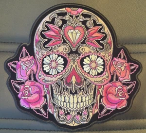 PINK SKULL WITH DIAMONDS AND ROSES LARGE WOMENS BIKER PATCH IRON ON 8 INCH - Picture 1 of 1