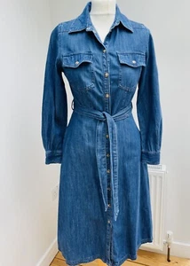 M&S button through midi denim dress Size 8 Tie waist side pockets chest pockets - Picture 1 of 11