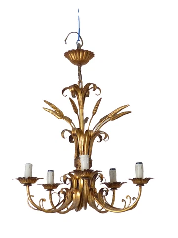 Gorgeous Gilded Chandelier Ceiling 70's Hollywood Regency Mid Century Wheat 6Lgt Cover