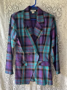 Vintage Plaid Blazer Purple Blue Pink Orange Black Blazer Stefano Womens Small - Picture 1 of 6