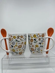 (2) Coffee Mug Tea Fall Pumpkin & Leaves Orange Stir Spoon Cup Microwave Safe - Picture 1 of 6