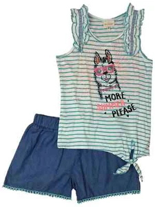 Girls Llama Outfit Stripe More Summer Please Shirt & Blue Chambray Shorts - Picture 1 of 1