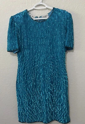 Vintage Stenay Dress Size P L 100 % Silk Aqua Full Sequin  Retro Glam Y2K Party - Image 1 of 4