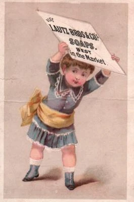 Lovely GIRL CARRIES SIGN For LAUTZ BROS. SOAP On Colorful Victorian Trade Card - Image 1 of 2