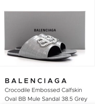 BALENCIAGA Crocodile Embossed Calfskin Oval BB Mule 38.5 Grey - Image 1 of 4