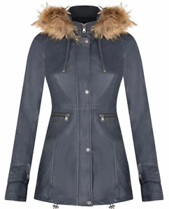 Chaqueta de cuero azul marino desmontable con capucha Parka para mujer - Imagen 1 de 4