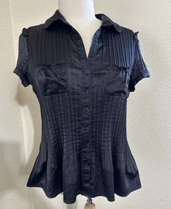 Vintage Y2K Silky Button Down Blouse Sz Lg Black Ruffle Pockets Pleated - Picture 1 of 9