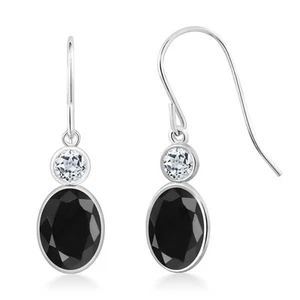 14K White Gold Black Sapphire and White Topaz Hook French Fish Ear Wire Dangle - Picture 1 of 3