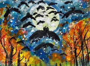 ORIGINAL ACEO Painting Halloween BATS Fall TREES Moon Stars Autumn Night ATC ART - Picture 1 of 1