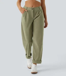 NWT Halara Mid Rise Zipper Pocket Corduroy Casual Pants Fresh Grass Green Size M - Picture 1 of 13