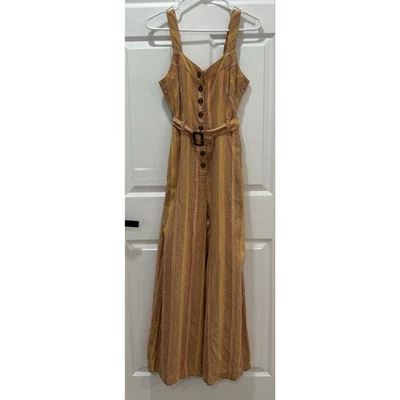 Anthropologie Arlene Belted Jumpsuit Sz 4 Mustard Wide Leg Cotton Linen Buttons - Image 1 of 4