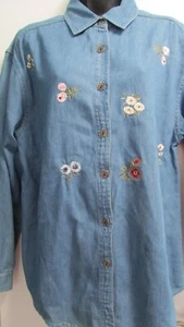 Camisa para mujer M Denim Azul Jean Bordada Floral Botón LS POR Bedford Fair - Imagen 1 de 8