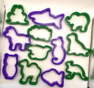 Lot 12 Cookie Cutters Green and Purple Plastic Animal Shapes - Picture 1 of 3