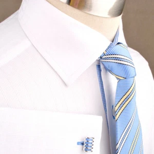 Camisa de vestir formal de negocios blanca a cuadros con mini cheque azul revestimiento interior - Imagen 1 de 7