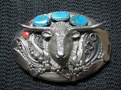 NATIVE LONGHORN COW BULL TURQUOISE BELT BUCKLE! VINTAGE! RARE! HANDMADE! 1980s! - Imagem 1 de 4