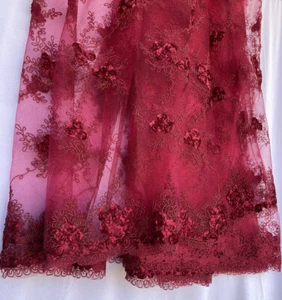 Dark Red Mesh Scalloped Lace French design embroidery Fabric W/ Mini 3D Flowers - Picture 1 of 12