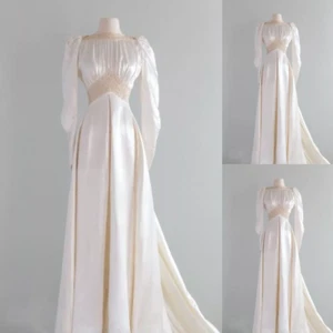 Mid Century Wedding Dresses Vintage Long Sleeves Satin Full Length Bridal Gowns - Picture 1 of 9
