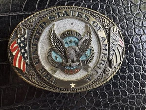 VTG 80s Eagle Belt Buckle United States Great American Buckle Brass Enamel 1986 - Picture 1 of 9