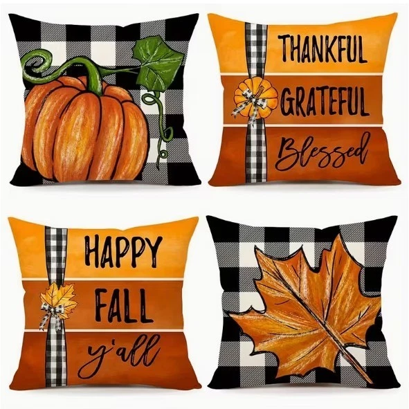 Set of 2 Fall Harvest Pillow Covers 18" – Pumpkin, Leaf, Buffalo Plaid  Blessed - Image 1 of 1