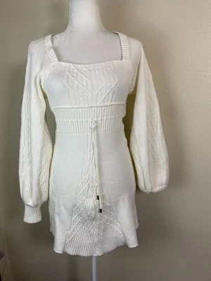 Free People Emmaline Mini Knit White Sweater Dress sz Small Long Sleeves Square - Image 1 of 4
