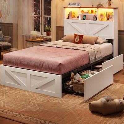 Twin Size Bed Frame with 4 Drawers Farmhouse LED Bed with Storage Headboard - Image 1 of 4