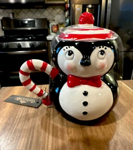 JOHANNA PARKER Christmas Peppermint Penguin Mug Carnival Cottage Black Red New - Picture 1 of 7