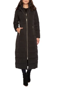 Cole Haan X4113 Women Black Quilted Exposed Front Zip Long Coat Size XS - Picture 1 of 4