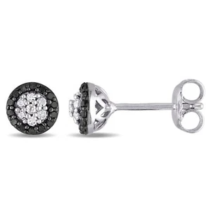 Amour Sterling Silver 1/4CT TDW Black and White Diamond Halo Earrings - Picture 1 of 4