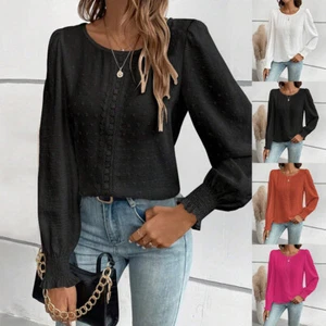 Womens Round Neck Long Sleeve Plain T-Shirt Tops Ladies Casual Pullover Blouse - Picture 1 of 25