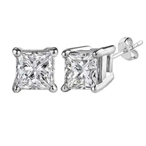 Sterling Silver Rhodium Finish 7mm Princess Cut Cubic Zirconia Stud Earring - Picture 1 of 10
