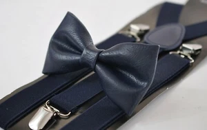 Navy Blue Faux Leather Bow tie Elastic Suspenders Braces for Men Youth Boy Kids - Picture 1 of 7