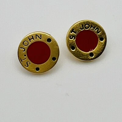 Set 2 St John Gold Tone Metal Red Enamel Replacement Round Button Vintage - Image 1 of 4
