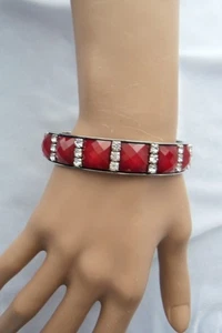 Vintage Crystal Rhinestone & Faceted Red Acrylic Silvertone Bangle Bracelet - Picture 1 of 6
