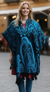 Mexikanischer Poncho Unsere Liebe Frau von Guadalupe Jungfrau Mutter ohne Kapuze One Size blau/schwarz - Bild 1 von 7