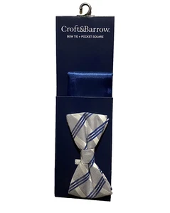 Homecoming Bow Tie NEW Blue Silver Plaid & Pocket Square Croft And Barrow Gray - Picture 1 of 15