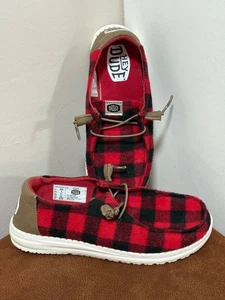 HEY DUDE WENDY BUFFALO PLAID RED BLACK SLIP ON LOAFER CHRISTMAS MOCCASINS WOMENS - Picture 1 of 8