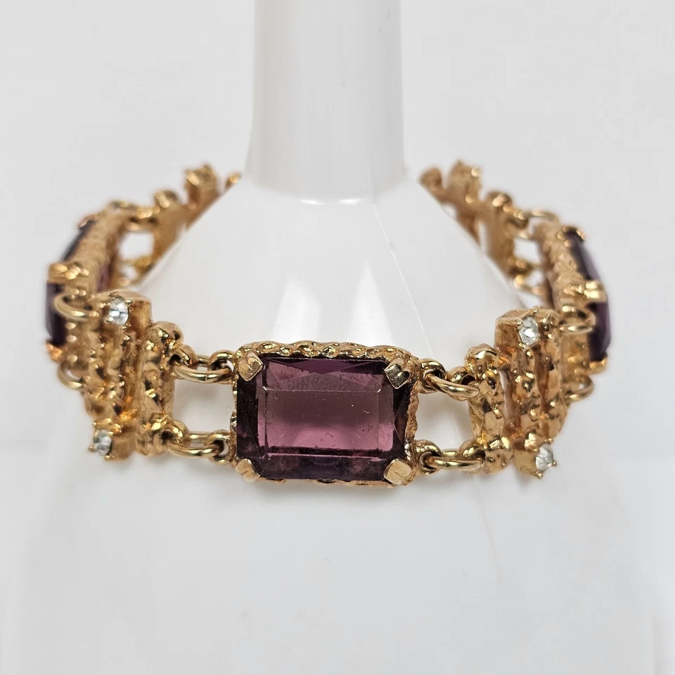 Brazalete vintage Sarah Coventry crepúsculo púrpura cristal amatista estrás 1973 Foto 1 de 4