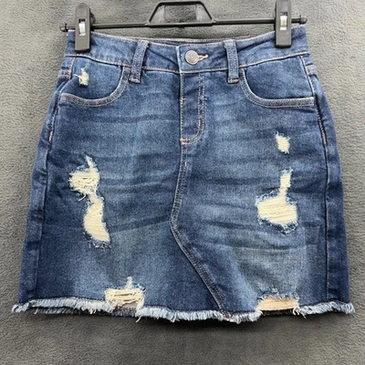Justice Denim Distressed Frayed Hem High Rise Blue Jean Skirt - Girls - Image 1 of 4