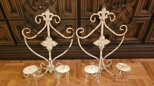 Pair Distressed Iron & Metal Wall Sconce Candle Holder w/Plastic Crystals Shabby - Picture 1 of 15
