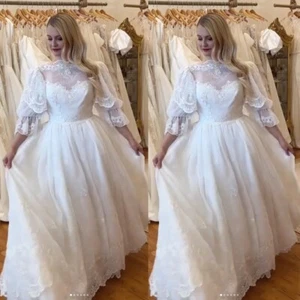 Vintage Wedding Dress 3/4 Sleeve Scoop Neck Full Length Mid Century Bridal Gown - Picture 1 of 9