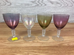 Set Of 4 Coloured Goblets With Beaded Stems 4" Tall - Picture 1 of 6
