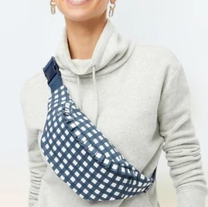 Bolso de cinturón J Crew Fanny Pack Gingham con volantes azul blanco algodón estilo preppy - Imagen 1 de 3