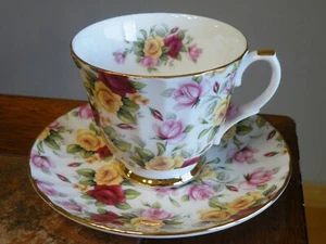 Royal Patrician England Bone China Teacup Saucer Yellow Red Pink Rose Chintz - Picture 1 of 8