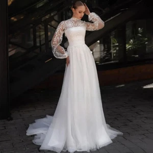Elegant A-Line Wedding Dresses High Neck Puff Sleeves Lace Applique Bridal Gowns - Picture 1 of 7