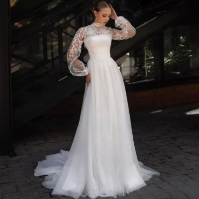 Elegant A-Line Wedding Dresses High Neck Puff Sleeves Lace Applique Bridal Gowns - Image 1 of 4