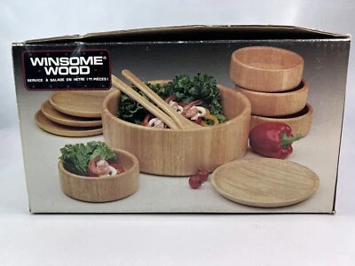 Vintage Winsome Beechwood  11 Piece Salad Set: Utensils Bowls Plates - Image 1 of 4