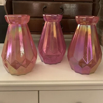 Lote de 3 vasos de vidro Burton & Burton rosa iridescente perolizado pescoço preso 6" - Imagem 1 de 4