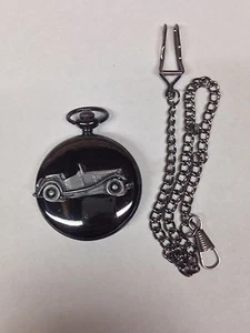 MG TD ref137 Pewter Effect Car on polished black case mens pocket watch - Picture 1 of 1